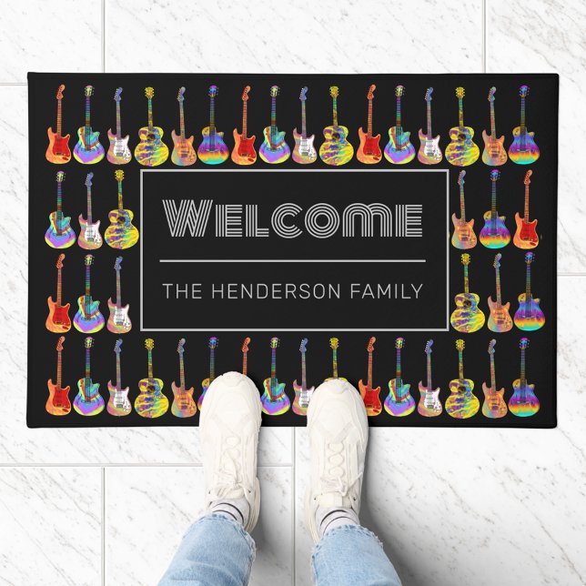 Welcome Family Name Colourful Guitars Black Doormat (Rock and roll welcome family name custom black doormat with colorful guitar pattern)