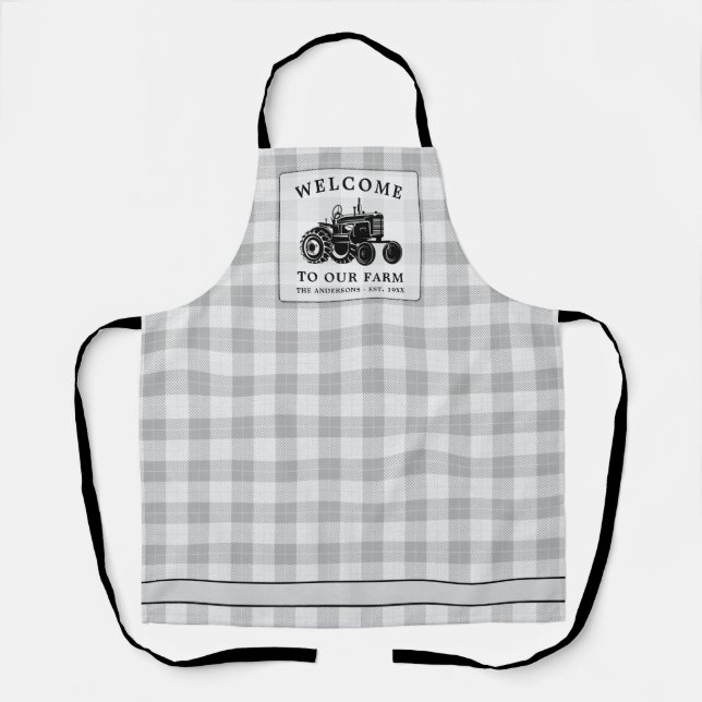 Welcome Family Name Farm Tractor White Plaid Apron (Front)