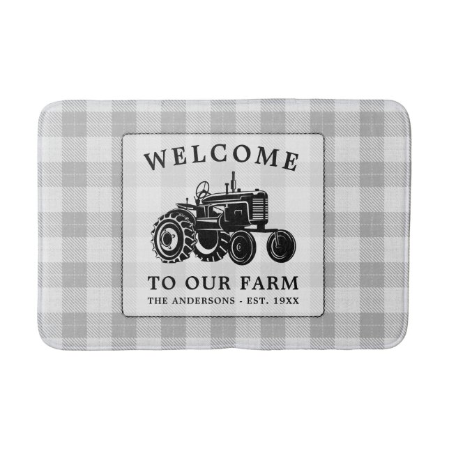 Welcome Family Name Farm Tractor White Plaid Bath Mat (Front)