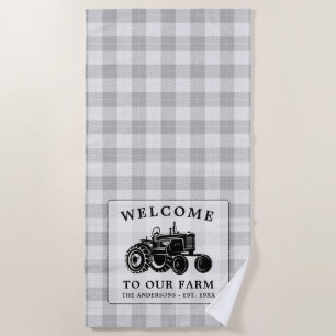 Welcome Family Name Farm Tractor White Plaid Beach Towel