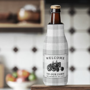Welcome Family Name Farm Tractor White Plaid Bottle Cooler