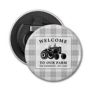 Welcome Family Name Farm Tractor White Plaid Bottle Opener