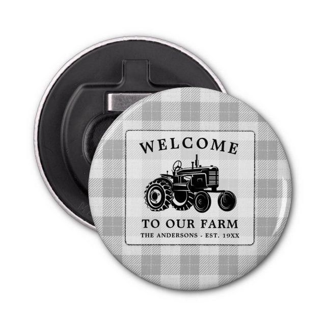Welcome Family Name Farm Tractor White Plaid Bottle Opener (Front)