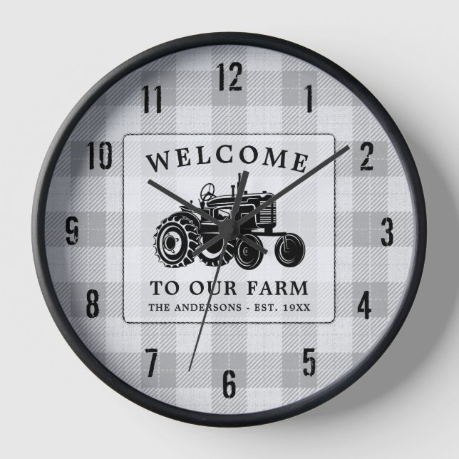 Welcome Family Name Farm Tractor White Plaid Clock (Front)