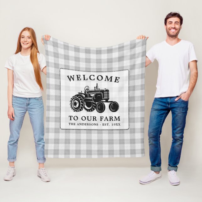 Welcome Family Name Farm Tractor White Plaid Fleece Blanket (In Situ)