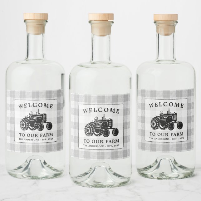 Welcome Family Name Farm Tractor White Plaid Label (Bottles)