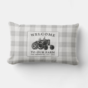 Welcome Family Name Farm Tractor White Plaid Lumbar Cushion