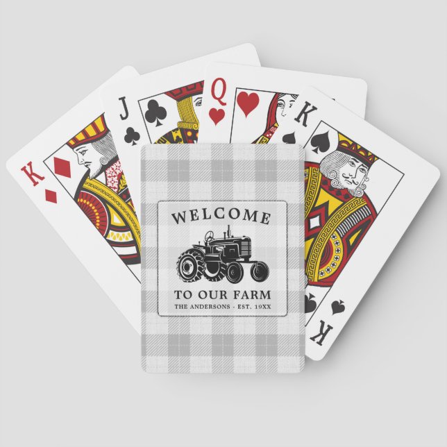 Welcome Family Name Farm Tractor White Plaid Playing Cards (Back)