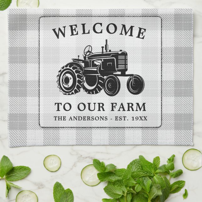 Welcome Family Name Farm Tractor White Plaid Tea Towel (Folded)