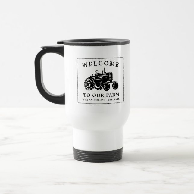 Welcome Family Name Farm Tractor White Travel Mug (Left)