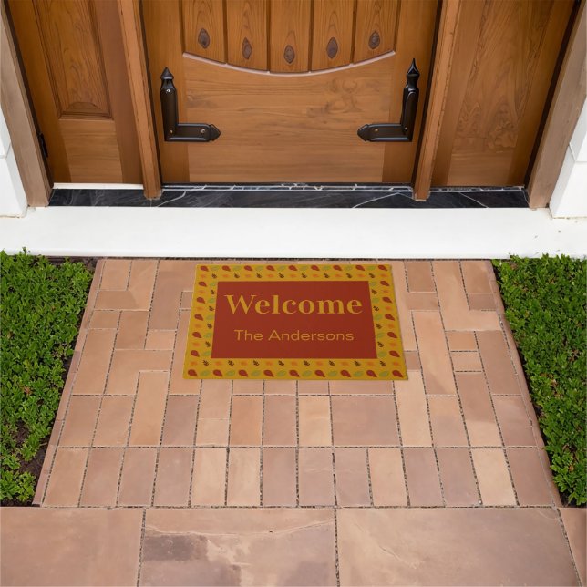 Welcome Family Name Green Red Orange Fall Leaves Doormat (Outdoor)