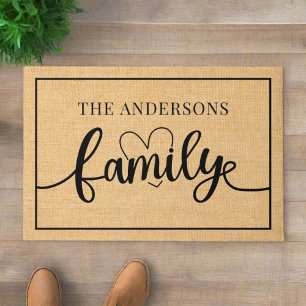  Welcome Family Name l Black Calligraphy Rustic Doormat