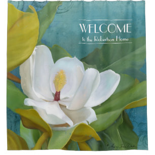 Welcome Family Name Magnolia Painted Elegant Bath Shower Curtain