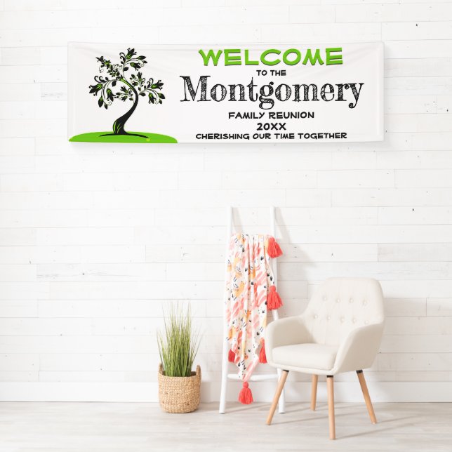 Welcome Family Reunion Modern Green Floral Tree Banner (Insitu)