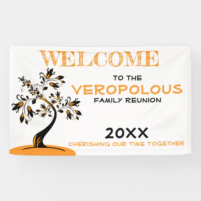 Welcome Family Reunion Modern Orange Floral Tree Banner (Horizontal)