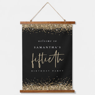 Welcome Fiftieth Gold Glitter Name Black Hanging Tapestry