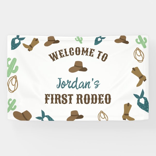 Welcome First Rodeo Birthday 1st Cowboy Western Banner (Horizontal)