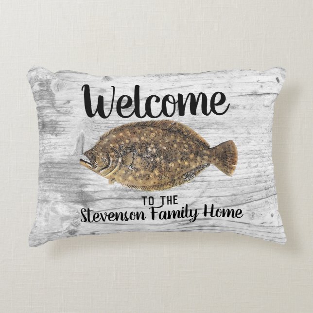 Welcome Fishing Flounder Family Name Rustic Fish Decorative Cushion (Front)