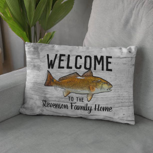 Welcome Fishing Redfish Family Name Home Cottage Lumbar Cushion