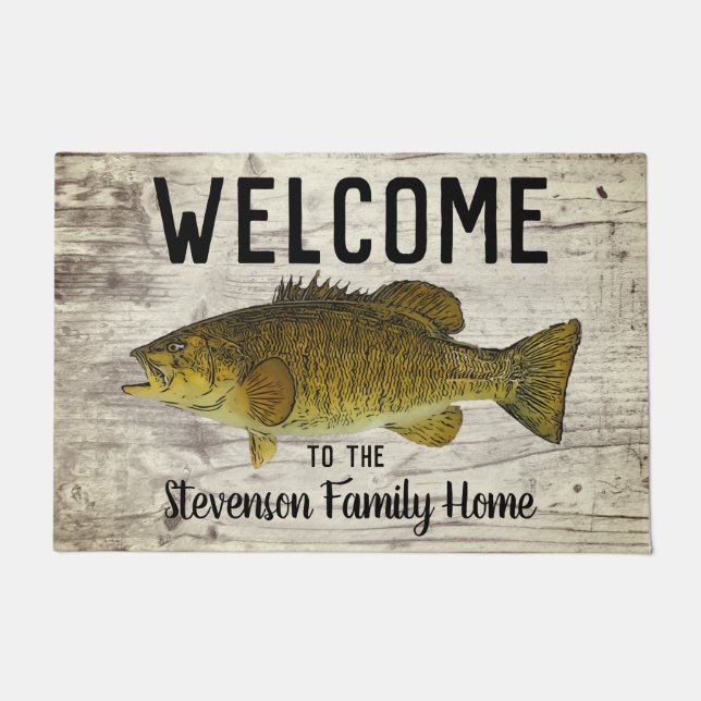 Welcome Fishing Smallmouth Bass Family Name Rustic Doormat (Front)