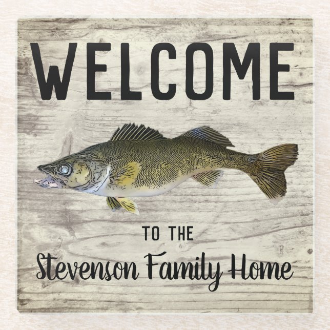 Welcome Fishing Walleye Family Name Home Glass Coaster (Front)