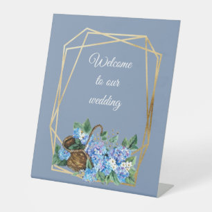 Welcome floral  dusty blue Hydrangeas basket  Pedestal Sign