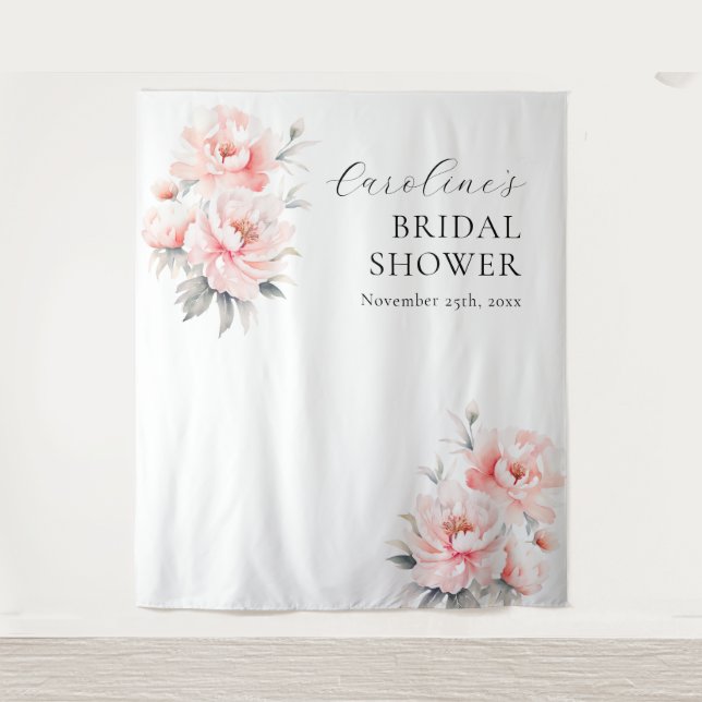 WELCOME Floral Peonies Blush Pink BRIDAL SHOWER Tapestry (Front)