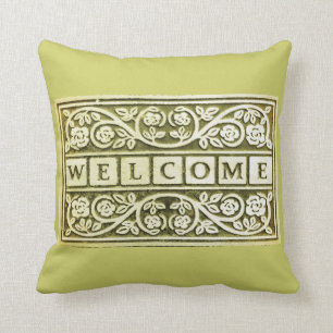 Welcome Floral Scroll Sage Throw Pillow