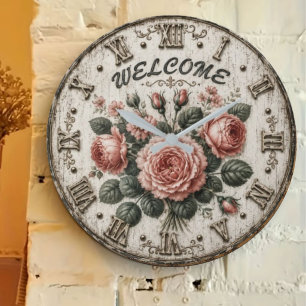 Welcome Floral Vintage Cottage Roses Rustic Large Clock