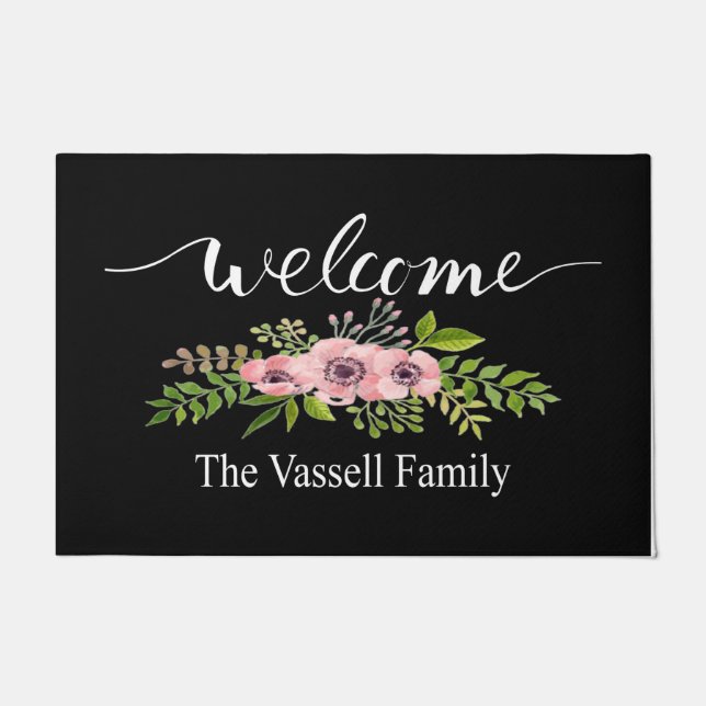 Welcome Flower Door Mat, Floral Welcome Mat (Front)