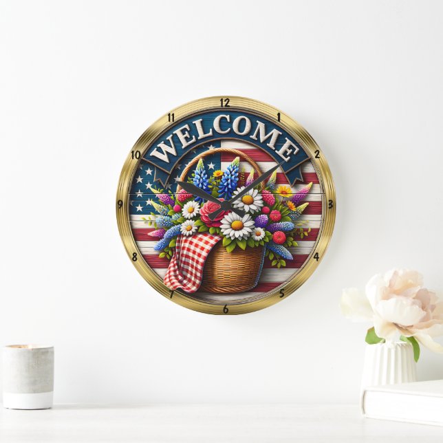 Welcome Flowers Flag Patriotic Large Clock (Home)
