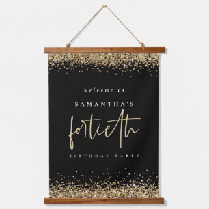 Welcome Fortieth Gold Glitter Name Black Hanging Tapestry