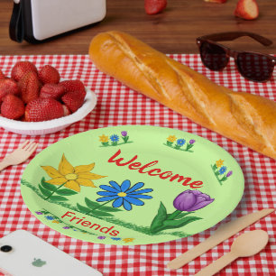Welcome Friends Garden Flowers Light Green Paper Plate