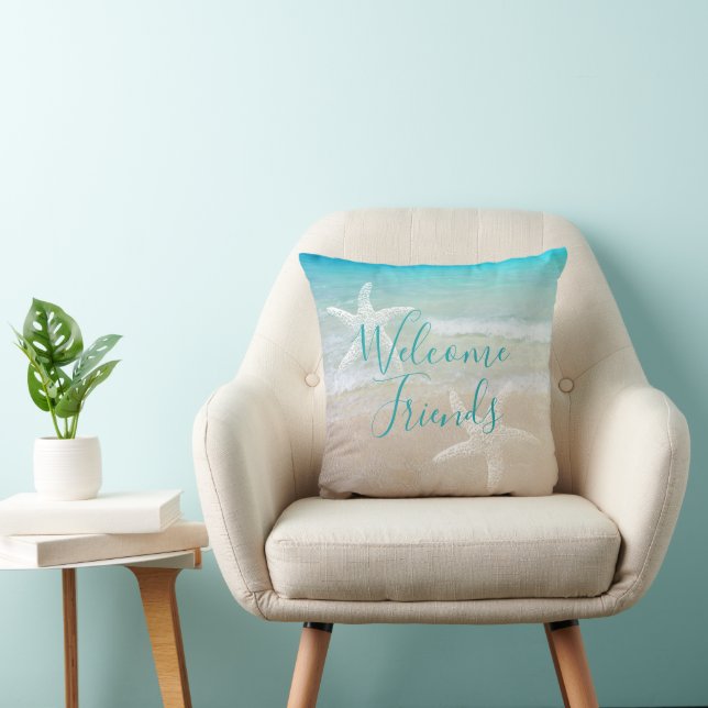 Welcome Friends Ocean Beach Sea Stars Throw Pillow (Chair)
