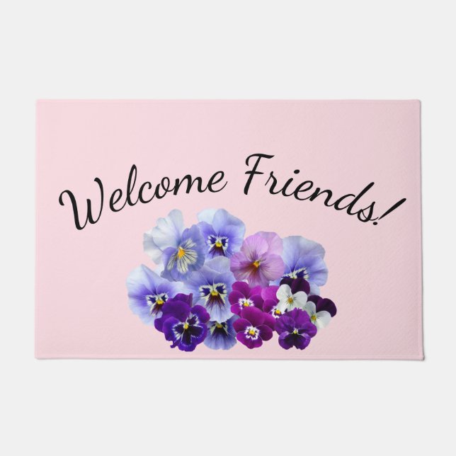 Welcome Friends Pansy Floral Door Mat (Front)