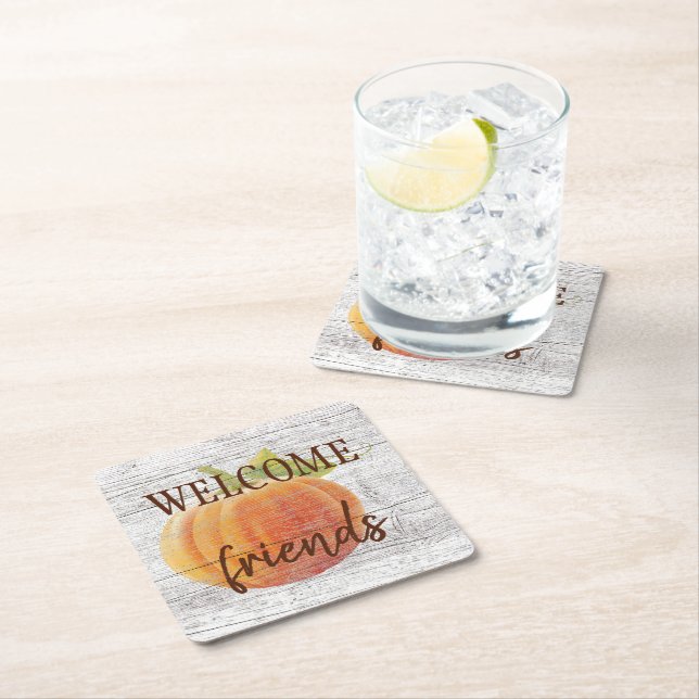 Welcome Friends Pumpkin On Weathered Wood Planks Square Paper Coaster (Insitu)