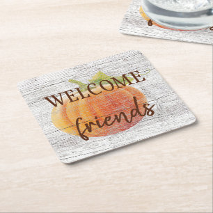 Welcome Friends Pumpkin On Weathered Wood Planks Square Paper Coaster
