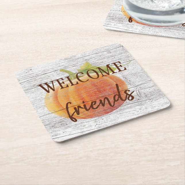 Welcome Friends Pumpkin On Weathered Wood Planks Square Paper Coaster (Angled)