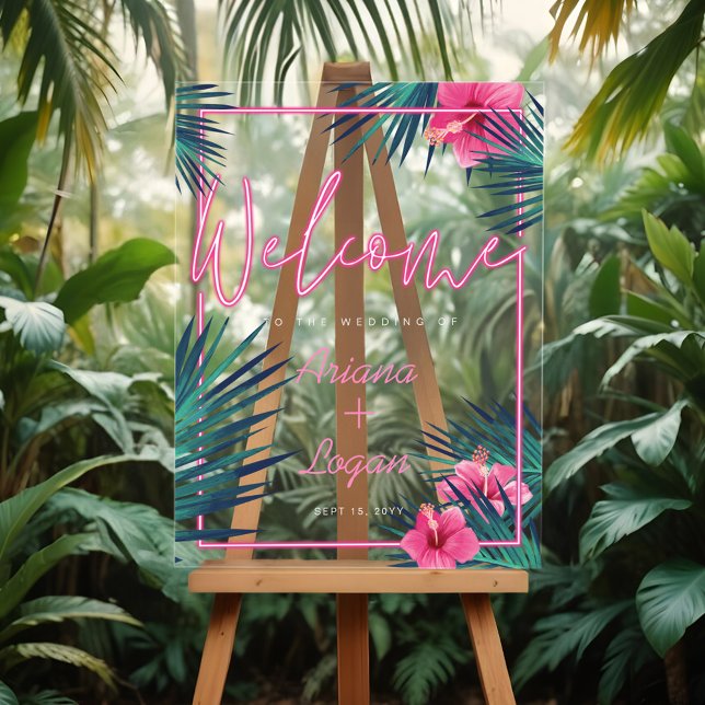 Welcome Fun Neon Pink Tropical Floral Palm Wedding Acrylic Sign (Welcome Fun Neon Pink Tropical Floral Palm Wedding Acrylic Sign)
