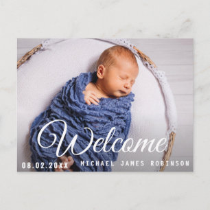 WELCOME, fun script baby announcement postcard