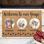 Welcome Funny Pets House Custom 3 Cat Dog Photo Doormat<br><div class="desc">Welcome guests with this funny doormat ! "Welcome to our House." Personalize with your pets photos and names. This Welcome Doormat features rustic natural faux coir and black design with paw prints. COPYRIGHT © 2022 Judy Burrows, Black Dog Art - All Rights Reserved. Welcome Funny Pets House Custom 3 Cat...</div>
