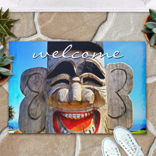 Welcome Funny Wood Totem Face Laughing Smile Doormat
