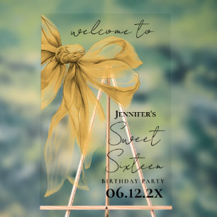 Welcome Gold Bow Coquette Script Sweet 16 Acrylic Sign