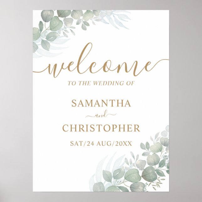 Welcome Gold Calligraphy & Eucalyptus Wedding  Foa Poster (Front)