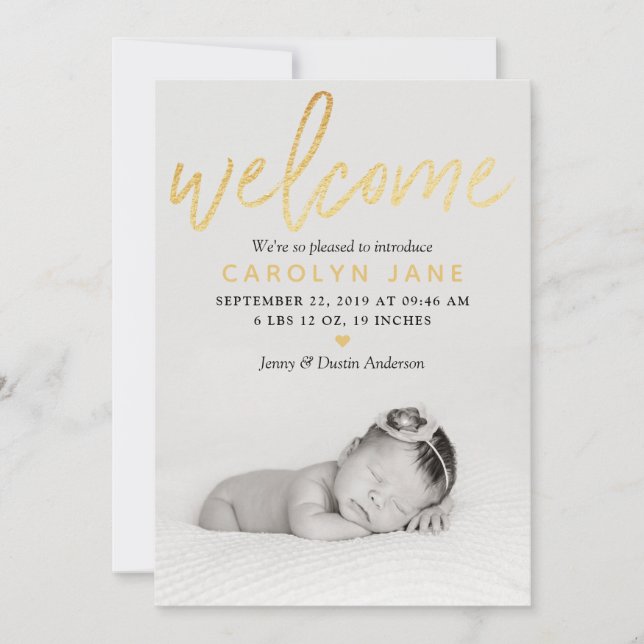 "Welcome" Gold Foil Photo Birth Announcement (Front)