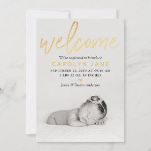 "Welcome" Gold Foil Photo Birth Announcement