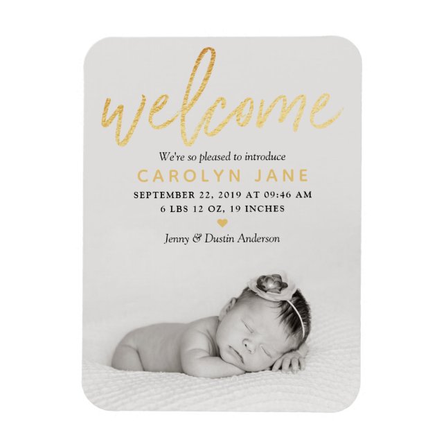 "Welcome" Gold Foil Photo Birth Announcement Magnet (Vertical)