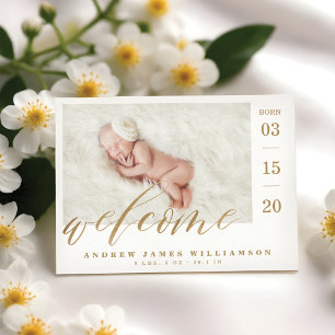 Welcome Gold Script Baby Birth Stats & Photo Magnetic Invitation