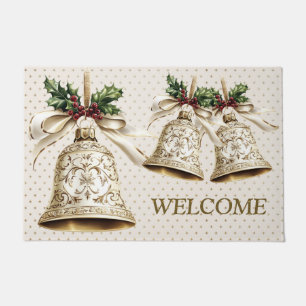 Welcome Golden Christmas Bell Shiny Stars Elegant Doormat
