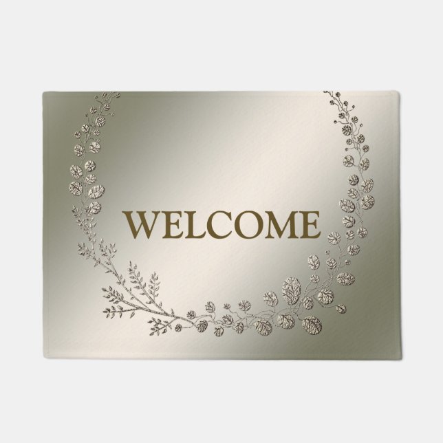Welcome Golden Floral Leaves Wreath Elegant Rustic Doormat (Front)